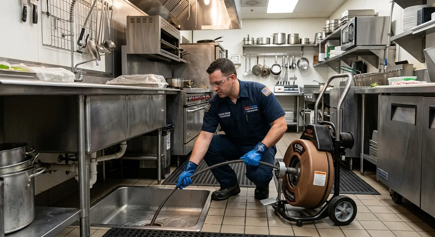 Commercial drain cleaning service in a restaurant kitchen in Oswego