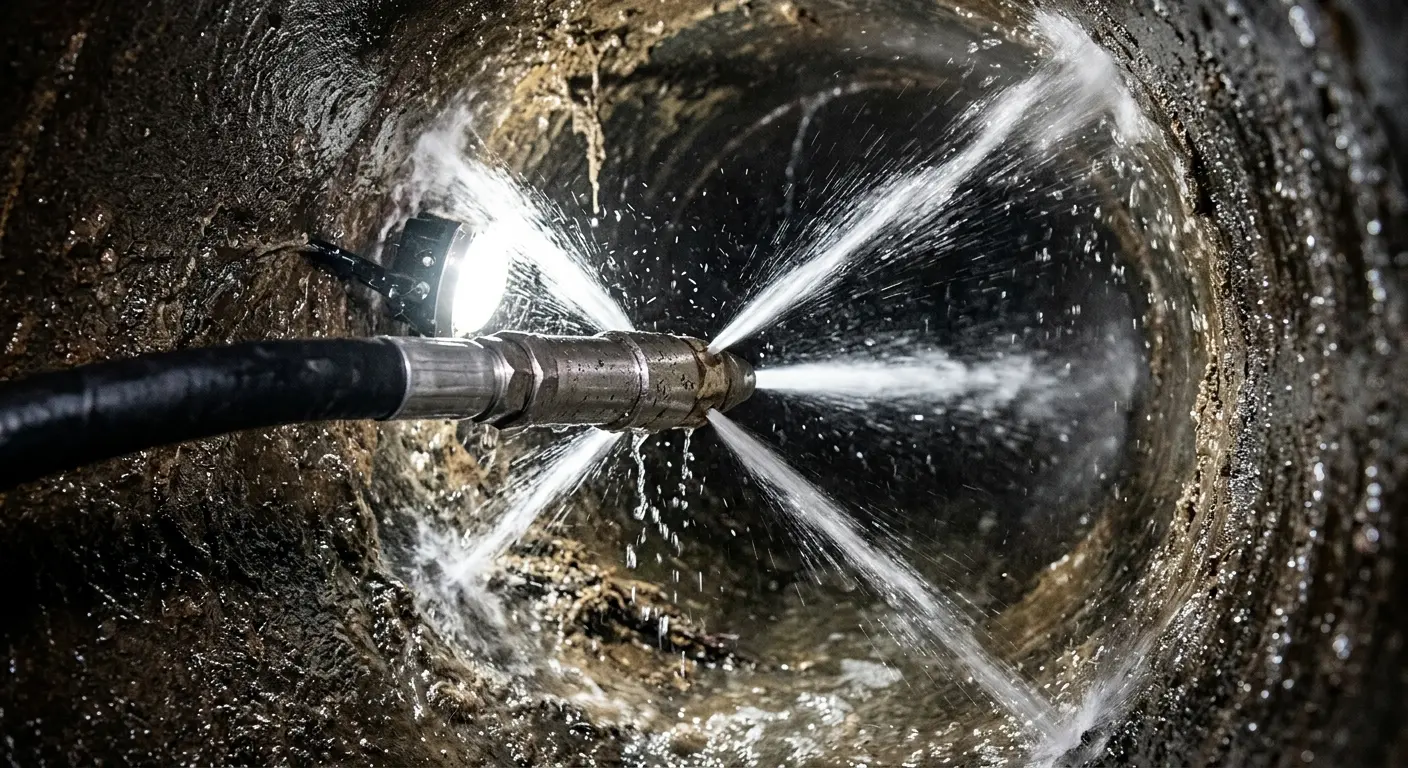 High-pressure hydro jetting nozzle cleaning sewer pipe for Sewer Cleanout in Oswego