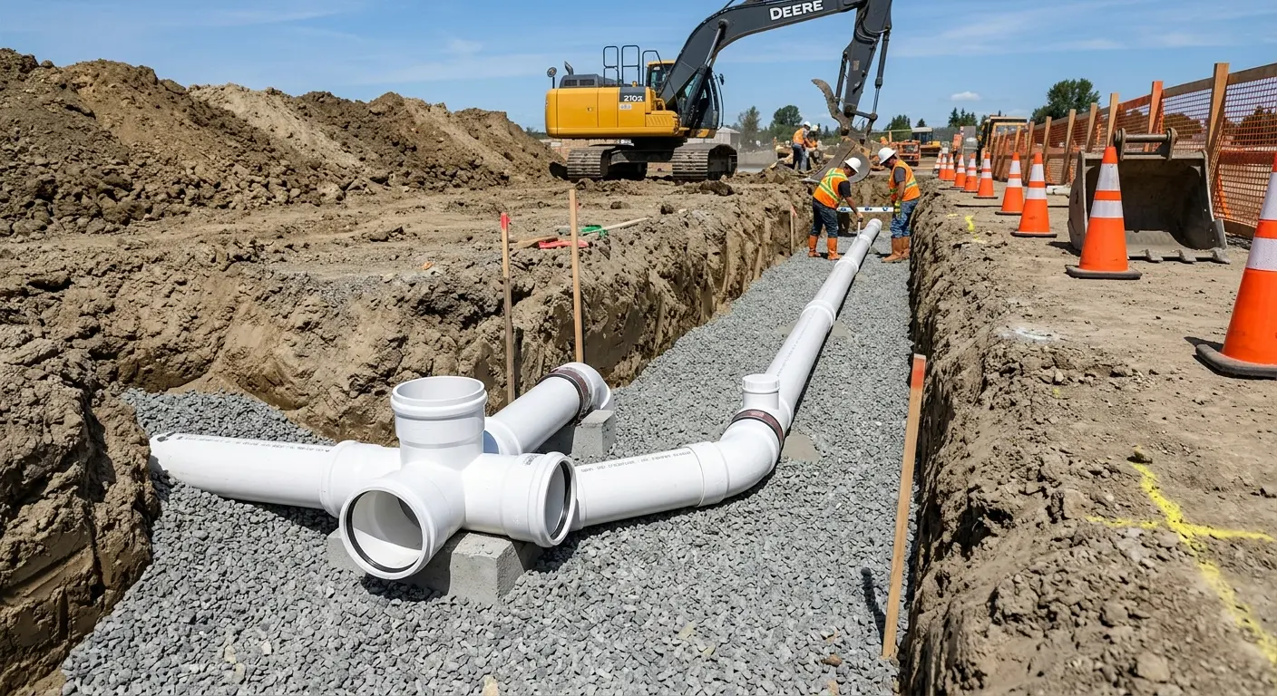 New PVC sewer pipe installation in open trench for Sewer Backup in Oswego