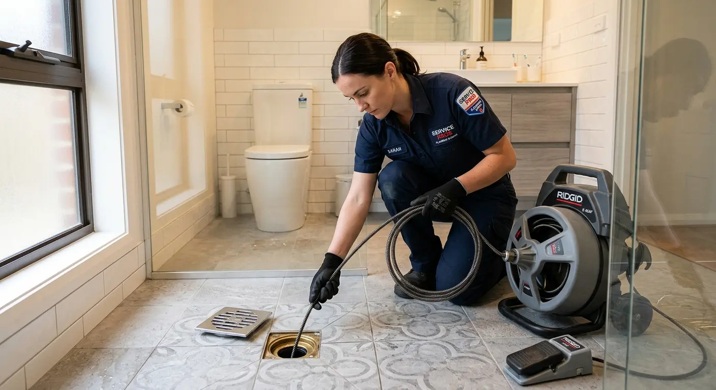 Technician clearing a bathroom floor drain for Drain Cleaning in Oswego